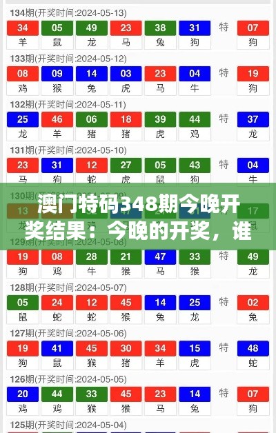 澳门特码348期今晚开奖结果：今晚的开奖，谁能一跃成为亿万富翁？