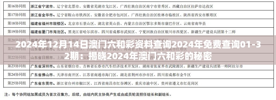 2024年12月14日澳门六和彩资料查询2024年免费查询01-32期：揭晓2024年澳门六和彩的秘密